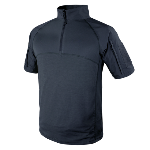 The Condor Short Sleeve Combat Shirt | SALE features a zip-up collar and velcro sleeve patches—perfect for EDC or range days—shown in dark navy on a plain white background.