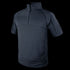 The Condor Short Sleeve Combat Shirt | SALE features a zip-up collar and velcro sleeve patches—perfect for EDC or range days—shown in dark navy on a plain white background.