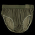 Condor Running Shorts in olive green with a tactical style, elastic waistband, and white stitching on the leg openings, displayed flat on a white background.