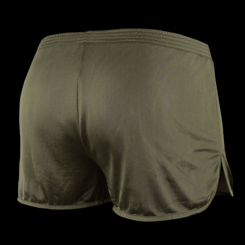 The Condor Running Shorts in olive green feature an elastic waistband and side slits, shown from the back—perfect for military training or first responder fitness routines.
