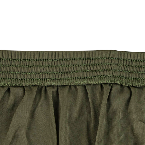 Close-up of olive green Condor Running Shorts fabric with multiple rows of stitching and gathered pleats, featuring a tactical elastic waistband ideal for active use.
