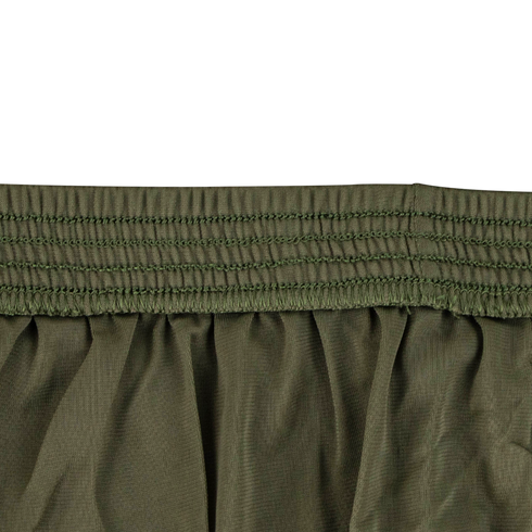 Close-up of olive green Condor Running Shorts fabric with multiple rows of stitching and gathered pleats, featuring a tactical elastic waistband ideal for active use.
