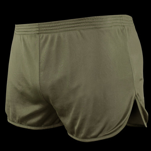 Condor Running Shorts in olive green feature an elastic waistband and side slit, shown from the back—perfect for adding a tactical edge to training or military-inspired workouts.