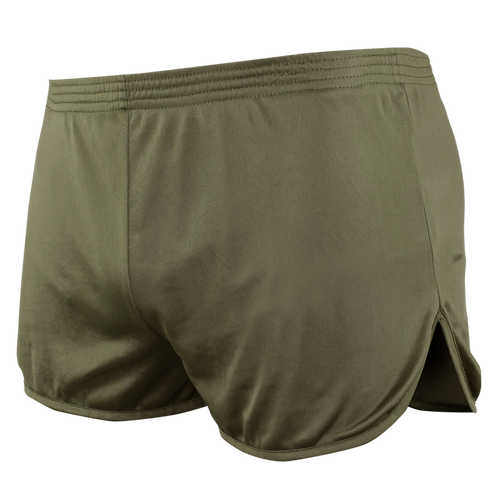 Condor Running Shorts in olive green feature an elastic waistband and side slit, shown from the back—perfect for adding a tactical edge to training or military-inspired workouts.