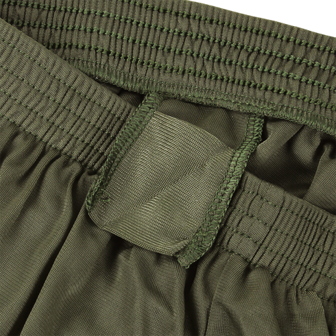 Close-up of the olive green elastic waistband with a fabric belt loop on Condor Running Shorts.