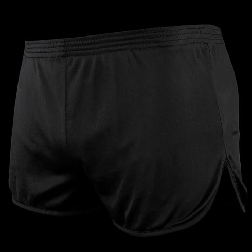 The Condor Running Shorts, shown in black with a curved hem and elastic waistband, are designed for comfort and performance—ideal for first responders.