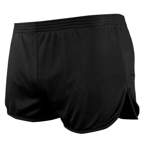 The Condor Running Shorts, shown in black with a curved hem and elastic waistband, are designed for comfort and performance—ideal for first responders.