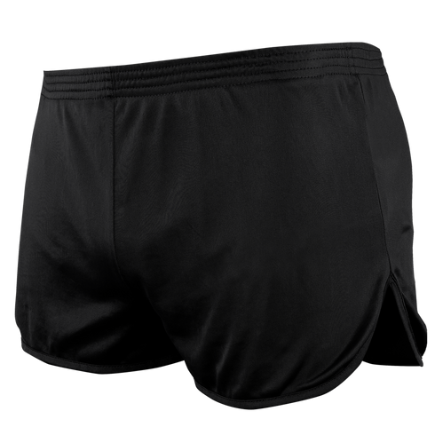 The Condor Running Shorts, shown in black with a curved hem and elastic waistband, are designed for comfort and performance—ideal for first responders.