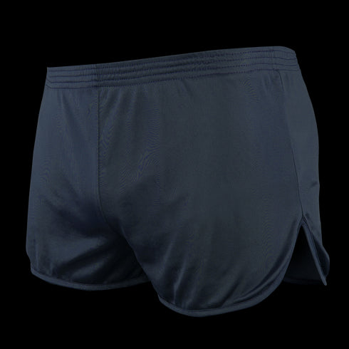 Condor Running Shorts in dark navy feature an elastic waistband, side slit, and athletic design, shown from the back.