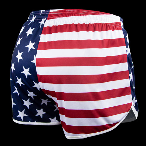 Show your support for Military and First Responders with Condor Running Shorts, featuring an American flag design with white stars on blue and bold red and white stripes.