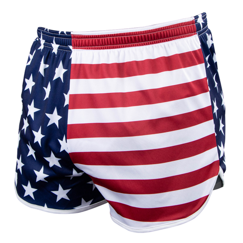 Condor Running Shorts with a tactical athletic fit, showcasing an American flag design with white stars on a blue background and red and white stripes.