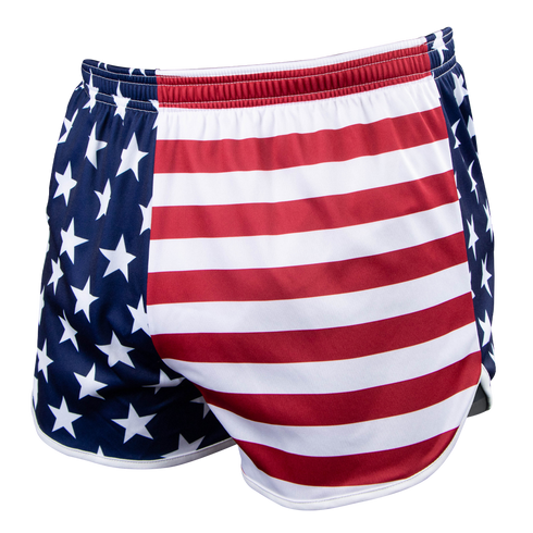 Condor Running Shorts with a tactical athletic fit, showcasing an American flag design with white stars on a blue background and red and white stripes.