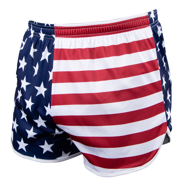 Condor Running Shorts with a tactical athletic fit, showcasing an American flag design with white stars on a blue background and red and white stripes.