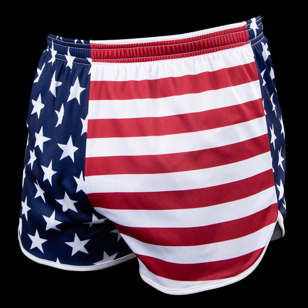 Condor Running Shorts with a tactical athletic fit, showcasing an American flag design with white stars on a blue background and red and white stripes.