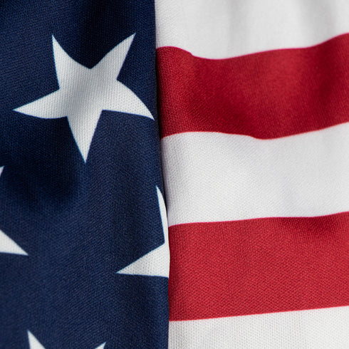 Close-up of Condor Running Shorts featuring a United States flag design with white stars on a blue field and red and white stripes, often honored by military and first responder communities.