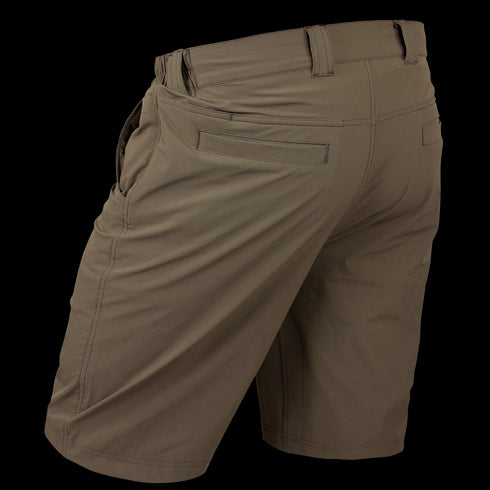 A back view of Condor Maverick Shorts in brown, knee-length with belt loops, two rear welt pockets, and stitching details—ideal for bushcraft enthusiasts seeking style and function.