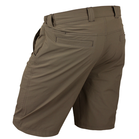 A back view of Condor Maverick Shorts in brown, knee-length with belt loops, two rear welt pockets, and stitching details—ideal for bushcraft enthusiasts seeking style and function.