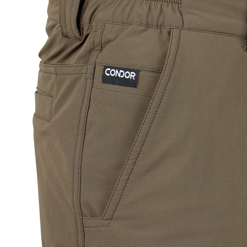 Close-up of Condor Maverick Shorts in brown, featuring a visible side pocket and a branded label above the pocket—ideal for military or law enforcement use.