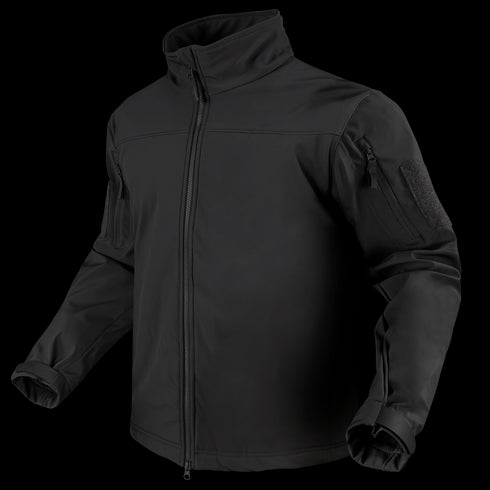The Condor Westpac Softshell Jacket features a front zipper, high collar, zippered sleeve pocket, and adjustable cuffs—perfect for law enforcement or first responders who need style and function. Shown on an invisible mannequin.
