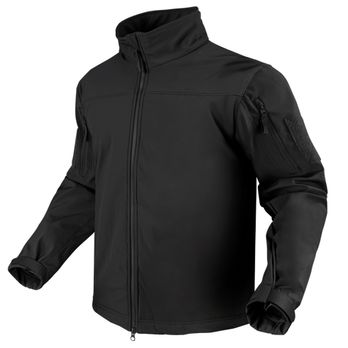 The Condor Westpac Softshell Jacket features a front zipper, high collar, zippered sleeve pocket, and adjustable cuffs—perfect for law enforcement or first responders who need style and function. Shown on an invisible mannequin.