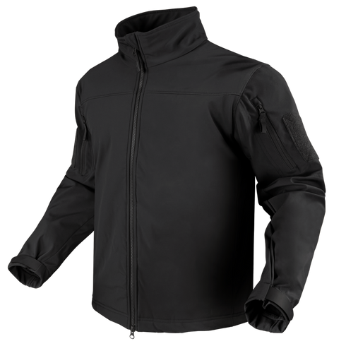 The Condor Westpac Softshell Jacket features a front zipper, high collar, zippered sleeve pocket, and adjustable cuffs—perfect for law enforcement or first responders who need style and function. Shown on an invisible mannequin.
