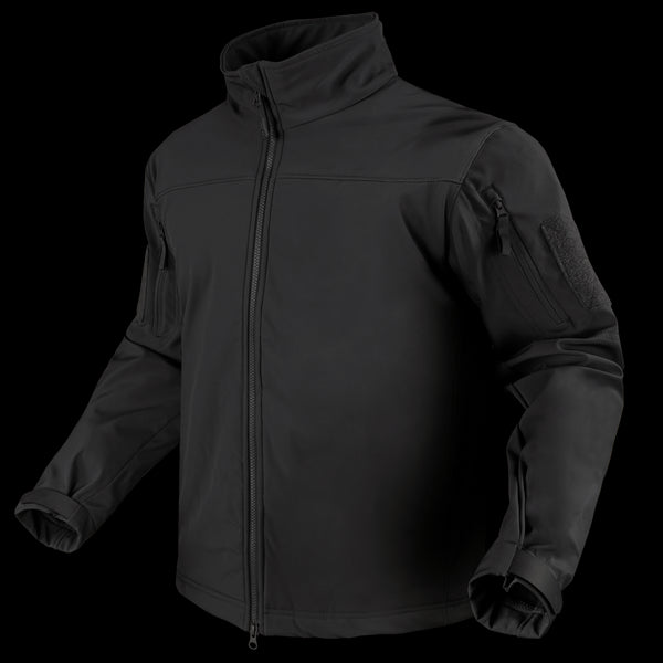 The Condor Westpac Softshell Jacket features a front zipper, high collar, zippered sleeve pocket, and adjustable cuffs—perfect for law enforcement or first responders who need style and function. Shown on an invisible mannequin.