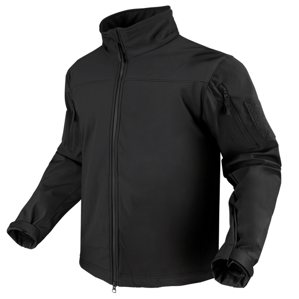 The Condor Westpac Softshell Jacket features a front zipper, high collar, zippered sleeve pocket, and adjustable cuffs—perfect for law enforcement or first responders who need style and function. Shown on an invisible mannequin.
