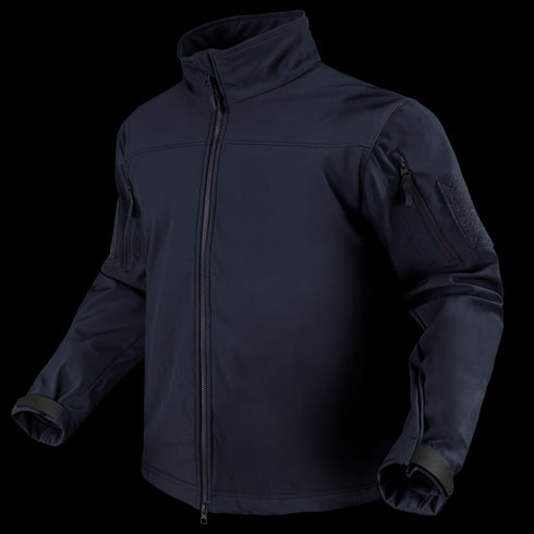 The Condor Westpac Softshell Jacket is a dark navy zip-up with long sleeves, high collar, and adjustable wrist straps, designed for law enforcement. Shown on an invisible mannequin over a transparent background.