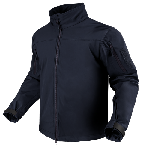 The Condor Westpac Softshell Jacket is a dark navy zip-up with long sleeves, high collar, and adjustable wrist straps, designed for law enforcement. Shown on an invisible mannequin over a transparent background.