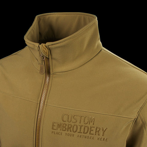 The Condor Westpac Softshell Jacket in tan features custom embroidery on the left chest, ideal for law enforcement and first responder teams.