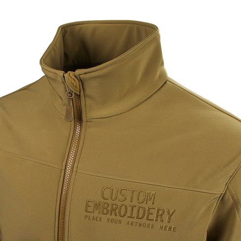 The Condor Westpac Softshell Jacket in tan features custom embroidery on the left chest, ideal for law enforcement and first responder teams.