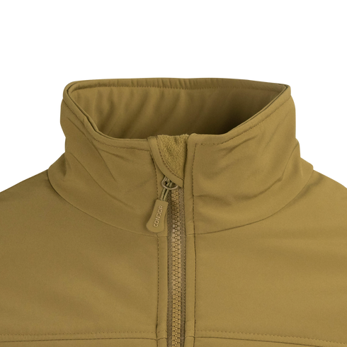 Close-up of the Condor Westpac Softshell Jacket in tan, showing its high collar and partially zipped front with a fabric pull tab on the zipper.