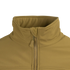 Close-up of the Condor Westpac Softshell Jacket in tan, showing its high collar and partially zipped front with a fabric pull tab on the zipper.