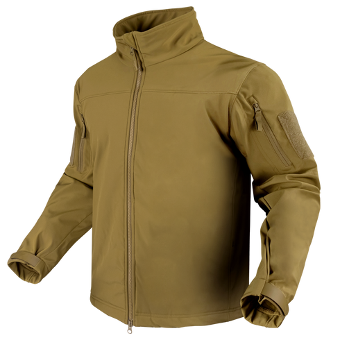 The Condor Westpac Softshell Jacket in tan features a front zipper, high collar, adjustable cuffs, and zippered sleeve pockets. Designed for law enforcement or military use, its displayed on an invisible mannequin.