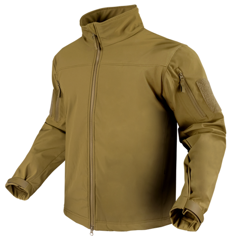The Condor Westpac Softshell Jacket in tan features a front zipper, high collar, adjustable cuffs, and zippered sleeve pockets. Designed for law enforcement or military use, its displayed on an invisible mannequin.