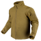 The Condor Westpac Softshell Jacket in tan features a front zipper, high collar, adjustable cuffs, and zippered sleeve pockets. Designed for law enforcement or military use, its displayed on an invisible mannequin.