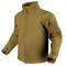 The Condor Westpac Softshell Jacket in tan features a front zipper, high collar, adjustable cuffs, and zippered sleeve pockets. Designed for law enforcement or military use, its displayed on an invisible mannequin.