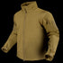 The Condor Westpac Softshell Jacket in tan features a front zipper, high collar, adjustable cuffs, and zippered sleeve pockets. Designed for law enforcement or military use, its displayed on an invisible mannequin.