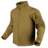 The Condor Westpac Softshell Jacket in tan features a front zipper, high collar, adjustable cuffs, and zippered sleeve pockets. Designed for law enforcement or military use, its displayed on an invisible mannequin.