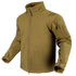 The Condor Westpac Softshell Jacket in tan features a front zipper, high collar, adjustable cuffs, and zippered sleeve pockets. Designed for law enforcement or military use, its displayed on an invisible mannequin.