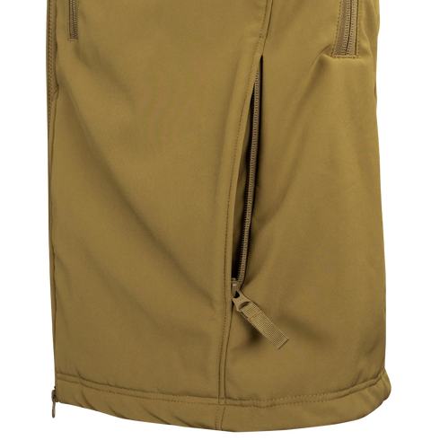 Close-up of the Condor Westpac Softshell Jacket in tan, showcasing a vertical zippered pocket with pull tab, designed for tactical and law enforcement use.