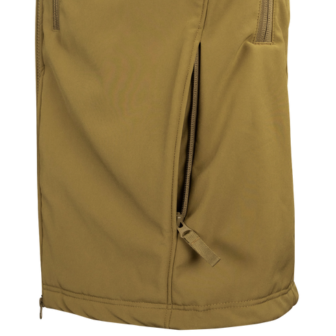 Close-up of the Condor Westpac Softshell Jacket in tan, showcasing a vertical zippered pocket with pull tab, designed for tactical and law enforcement use.