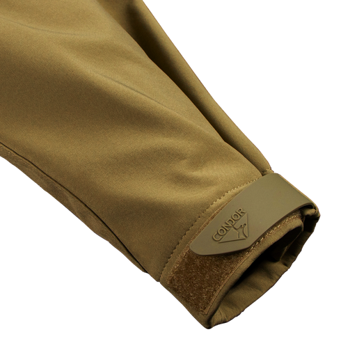 A close-up of the sleeve cuff of the Condor Westpac Softshell Jacket, featuring an adjustable Velcro strap.