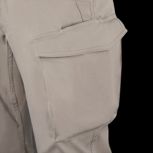 Close-up of a beige cargo pocket on Condor Patrol ADF Pants, showcasing the flap and stitching details inspired by military and first responder gear.