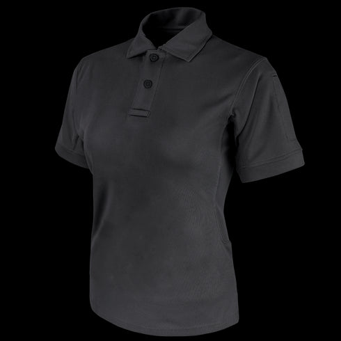 The Condor Womens Short Sleeve Performance Tactical Polo, a black collared shirt with two buttons, is designed for law enforcement professionals and shown on a white background.