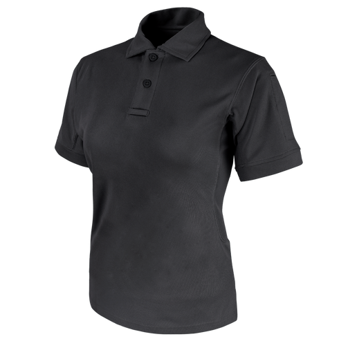 The Condor Womens Short Sleeve Performance Tactical Polo, a black collared shirt with two buttons, is designed for law enforcement professionals and shown on a white background.