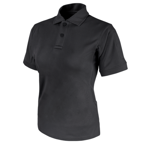 The Condor Womens Short Sleeve Performance Tactical Polo, a black collared shirt with two buttons, is designed for law enforcement professionals and shown on a white background.