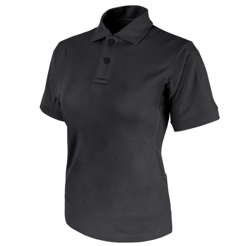 The Condor Womens Short Sleeve Performance Tactical Polo, a black collared shirt with two buttons, is designed for law enforcement professionals and shown on a white background.