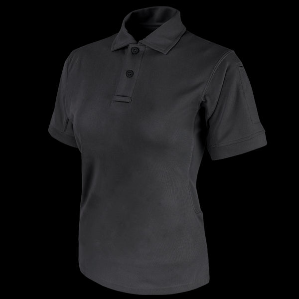 The Condor Womens Short Sleeve Performance Tactical Polo, a black collared shirt with two buttons, is designed for law enforcement professionals and shown on a white background.
