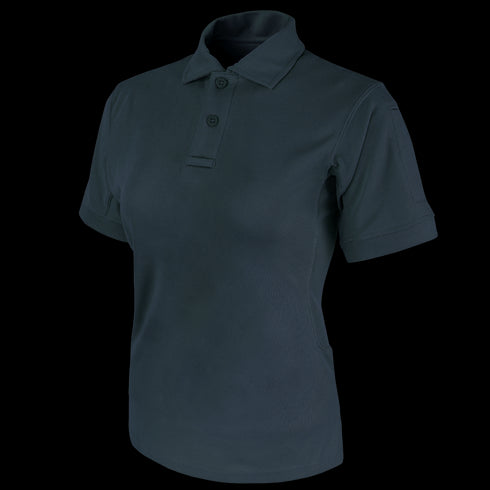 The Condor Womens Short Sleeve Performance Tactical Polo is a dark-colored, collared shirt with a three-button placket, ideal for law enforcement professionals, shown on a white background.